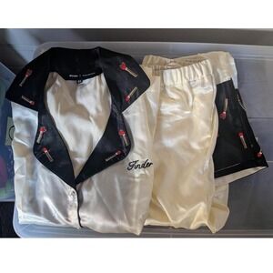 Tinder Clio Peppiat Satin Pajama Set Womens XS Black Trim Matchstick Embellished